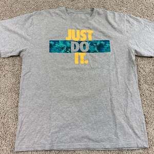 Nike Just Do It Graphic T Shirt Mens Large Gray Teal Stripe Logo Y2K EUC